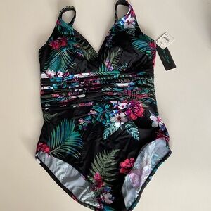 Aqua Green Floral Black One Piece Swimsuit XL.  NWT